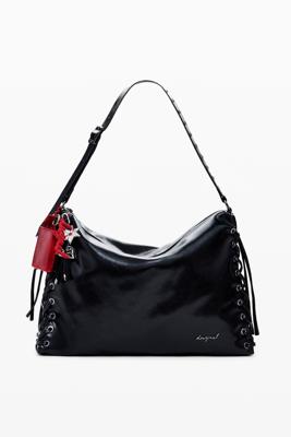 Grote gevlochten glanzende tas - BLACK - U