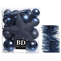 Kerstversiering kerstballen 5-6-8 cm met ster piek en folieslingers pakket donkerblauw van 35x stuks - Kerstbal - thumbnail