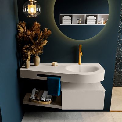 MONDIAZ RIVA 120cm badmeubel onderkast / planchet kleur Linen met 1 lade. Wastafel DULCET rechts 1 kraangat kleur Linen. MONDIAZ RIVA 120cm badmeubel onderkast / planchet kleur Linen met 1 lade. Wastafel DULCET rechts 1 kraangat kleur Linen.