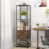 5-Vaks Boekenkast met Lade Hoge en Smalle Boekenkast met Legplanken Metalen Frame en Dubbele Anti-Kantelsets Vrijstaande Displayplank