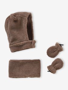 Berenset voor babyjongens met bivakmuts + snood + wanten van sherpa mokka