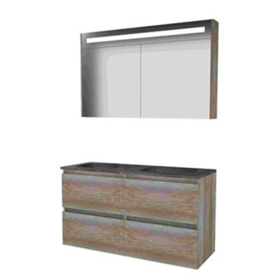 Basic-Line Premium 46 Badkamermeubelset - 120 x 46 cm - Greeploos - 4 Lades - Hardstenen Wastafel - 2 Kraangaten - Spiegelkast met LED Verlichting - Scotch Oak