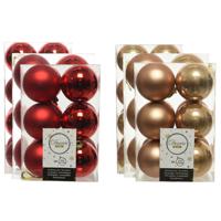 Kerstversiering kunststof kerstballen mix rood/camel bruin 4-6-8 cm pakket van 68x stuks - Kerstbal