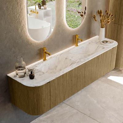 Badmeubel Mondiaz Kurve-Dlux | 180 cm cm | Meubelkleur Dusk | Wastafelkleur Glace | Solid surface | Wasbak beiden zijden spoelbak | 2 kraangaten