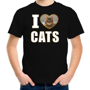 I love cats t-shirt met dieren foto van een bruine kat zwart voor kinderen