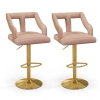 Set van 2 Draaibare en Verstelbare Barstoelen Gegalvaniseerd Metalen Onderstel Antislipring Nederlandse Fluwelen Barstoel -Roze
