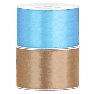 Set van 2 stuks sierlinten/cadeaulinten/satijnen linten goud en lichtblauw 38 mm x 25 meter
