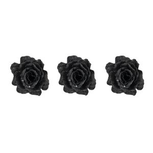 3x stuks decoratie bloemen roos zwart glitter op clip 10 cm