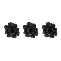 3x stuks decoratie bloemen roos zwart glitter op clip 10 cm - thumbnail