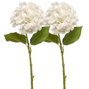 Kunstbloem hortensia tak - 2x - 52 cm - wit - Real Touch - hydrangea - kunst zijdebloemen