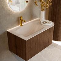 Badmeubel Mondiaz Kurve-Dlux | 85 cm | Meubelkleur Walnut | Wastafelkleur Meli | Solid surface | Wasbak linker zijde spoelbak | 1 kraangat