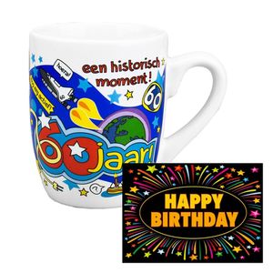 Verjaardag mok/beker 60 jaar met fun-tekst 300ml + wenskaart Happy Birthday