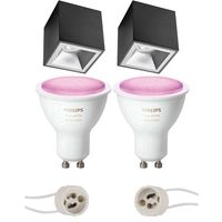 Pragmi Cliron Pro - Opbouw Vierkant - Mat Zwart/Zilver - Verdiept - 90mm - Philips Hue - Opbouwspot Set GU10 - White and Color Ambiance - Bluetooth