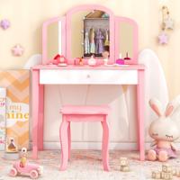 Kaptafel en Krukje Set voor Kinderen met Lade 3-Delige Opvouwbare Spiegel Accessoires Houten Speel Ijdelheid Set Roze