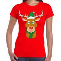 Foute Kerst t-shirt rendier Rudolf groene kerstmuts rood dames - thumbnail