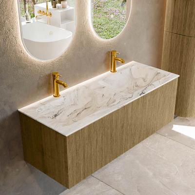 Badmeubel Mondiaz Kurve-Dlux | 120 cm cm | Meubelkleur Dusk | Wastafelkleur Glace | Solid surface | Wasbak beiden zijden spoelbak | 2 kraangaten