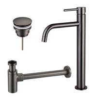 Fortifura Calvi Slim Wastafelkraanset - verhoogde wastafelkraan - klikwaste plug - design sifon - Geborsteld Gunmetal PVD SW766539/SW767288/SW767297