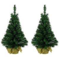 2x Groene kunst kerstbomen 90 cm met jute zak/kluit