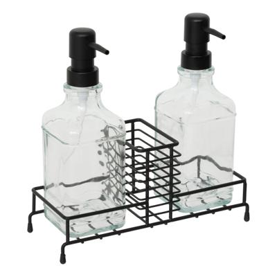 5Five Zeepdispenser - glas/staal - zwart/transparant - H23 x B23 cm - zeeppompjes - incl rekje
