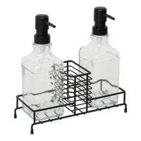 5Five Zeepdispenser - glas/staal - zwart/transparant - H23 x B23 cm - zeeppompjes - incl rekje