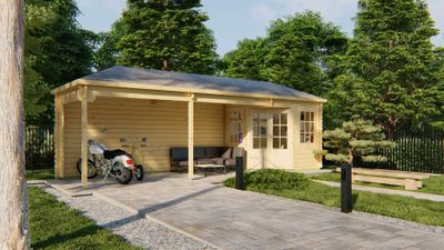 Tuindeco Gretel Blokhut 250x250 cm + luifel 550 cm 44 mm vuren blank- Puntdak- Onbehandeld vurenhout- Tuindeco