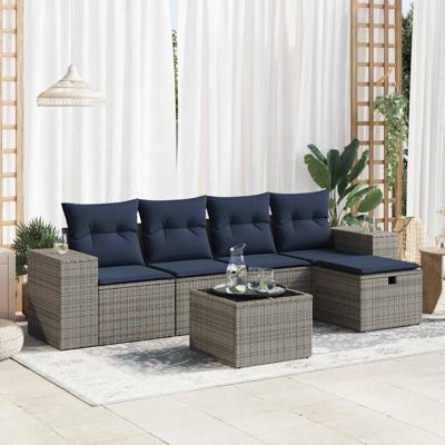 6-delige Loungeset met kussens poly rattan grijs