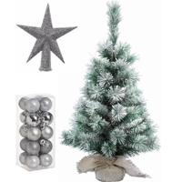 Kunst kerstboom met sneeuw 35 cm in jute zak inclusief zilveren versiering 21-delig - Kunstkerstboom - thumbnail