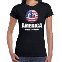 America makes you happy landen t-shirt Amerika zwart voor dames met emoticon