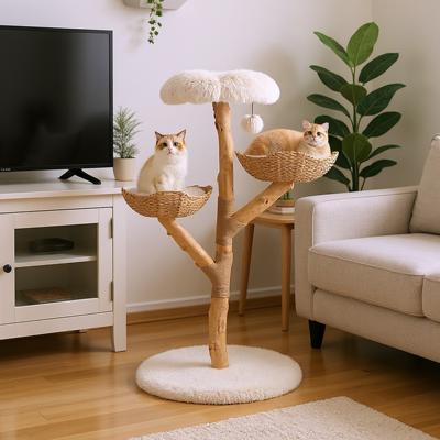 122 cm Hoge Moderne Krabpaal met Echte Boomstam & Bloemenplatform Klimtoren