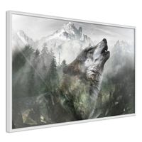 Ingelijste Poster - Huilende Wolf in de bergen, Witte lijst