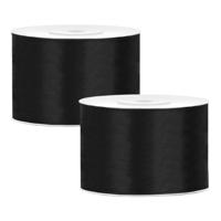 Partydeco Cadeaulint - 2x - zwart - 5 cm x 25 meter - satijn - sierlint - inpakken - decoratie