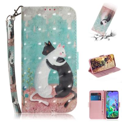3D-schilderij zwart witte kat patroon gekleurde tekening horizontale Flip lederen case voor LG q60 met houder & kaartsleuven & portemonnee
