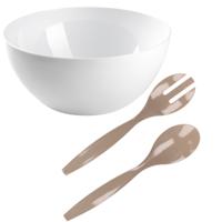 Salade/fruit serveer schaal - wit - kunststof - Dia 28 cm - met beige sla couvert/bestek