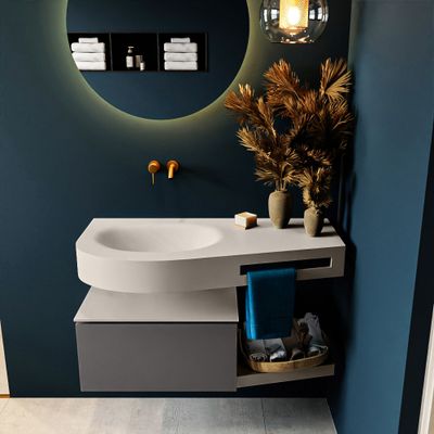 MONDIAZ RIVA 100cm badmeubel onderkast / planchet kleur Dark_Grey met 1 lade. Wastafel DULCET links 0 kraangaten kleur Linen.