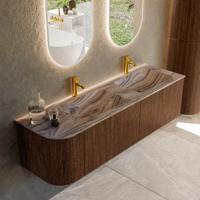 Badmeubel Mondiaz Kurve-Dlux | 155 cm | Meubelkleur Walnut | Wastafelkleur Sombra | Solid surface | Dubbel / Rechts spoelbak | 2 kraangaten