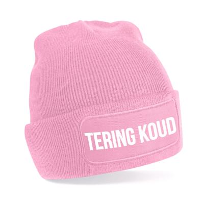 Muts met tekst - Tering Koud - unisex - one size - roze - wintermuts - apres-ski muts