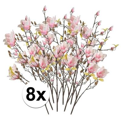 Kunstbloem - 8x - Magnolia - op tak - 105 cm - roze - sierbloemen - decoratie
