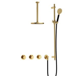 Hotbath Cobber complete thermostatische douche inbouwset cobber 70 met 2 stopkranen met ronde handdouche, plafondbuis 30 cm en glijstang, gepolijst