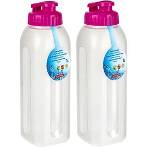 Drinkfles/waterfles/bidon - 2x - 1000 ml - transparant/roze - kunststof