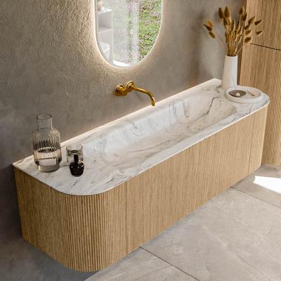 Mondiaz KURVE-DLUX 150 cm Onderkast Greeploos 1 Lade Met Deuren Oak, Wastafel Solid Surface Midden Glace 0 Kraangaten Zonder Spiegel (KRVBGM150L+R1L2D0KM-Oak/Gla)