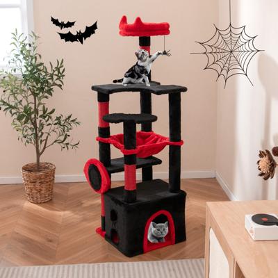 133cm Grote Krabpaal voor Katten Gotische Kattenboom met Hol Platforms Hangmat Krabzuilen en Spinnenspeelgoed Kattentoren Halloween