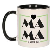 Cadeau koffie/thee mok voor mama - zwart/groen - ik hou van jou - keramiek - Moederdag - thumbnail