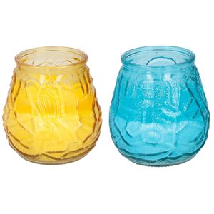 Arti Casa 4x stuks citronella Lowboy tafelkaarsen - 10 cm - geel en blauw glas