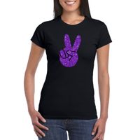 Zwart Flower Power t-shirt paarse glitter peace hand dames