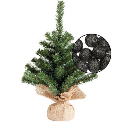 Mini kerstboom groen - met verlichting bollen zwart - H45 cm