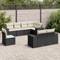 8-delige Loungeset met kussens poly rattan zwart