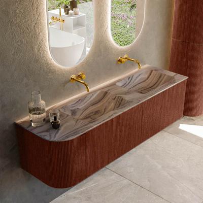 Badmeubel Mondiaz Kurve-Dlux | 155 cm | Meubelkleur Ruby | Wastafelkleur Sombra | Solid surface | Dubbel / Rechts spoelbak | Zonder kraangat(en)