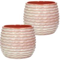 Bloempot/plantenpot Rise - 2x - ribbel - zachtroze - voor kamerplant - D16 x H13 cm