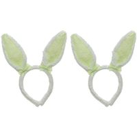 2x Wit/groene konijn/haas oren verkleed diademen kids/volwassen - thumbnail