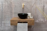 Saniclear Seba fonteinset met bruin eiken plank, zwarte waskom en gouden kraan voor in het toilet - thumbnail